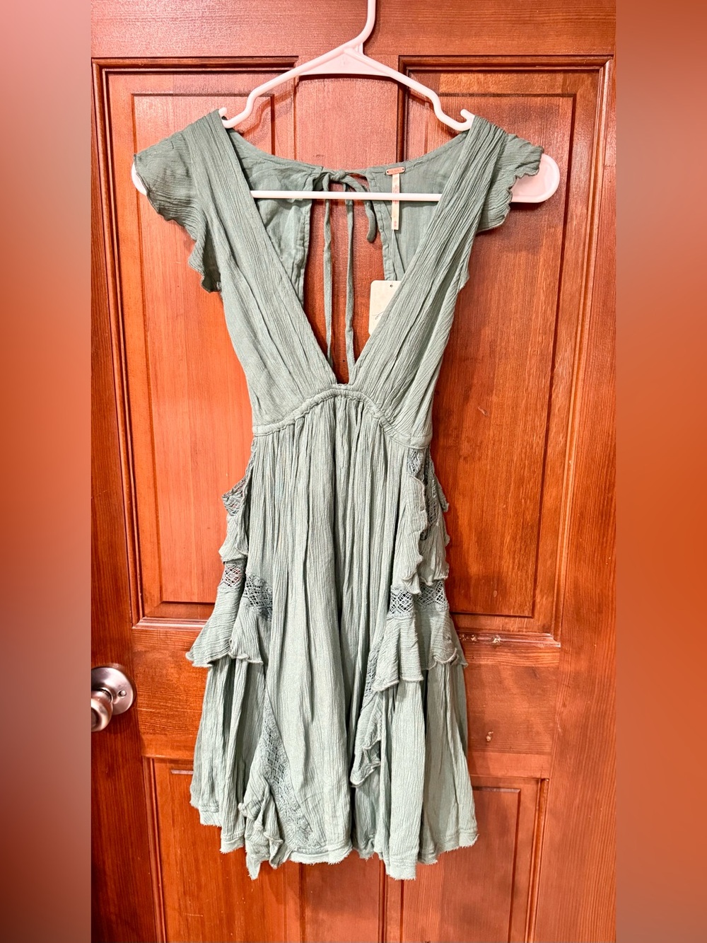 NWT!!! Free People Sage Green Ruffled Tie-Back Maxi Dress